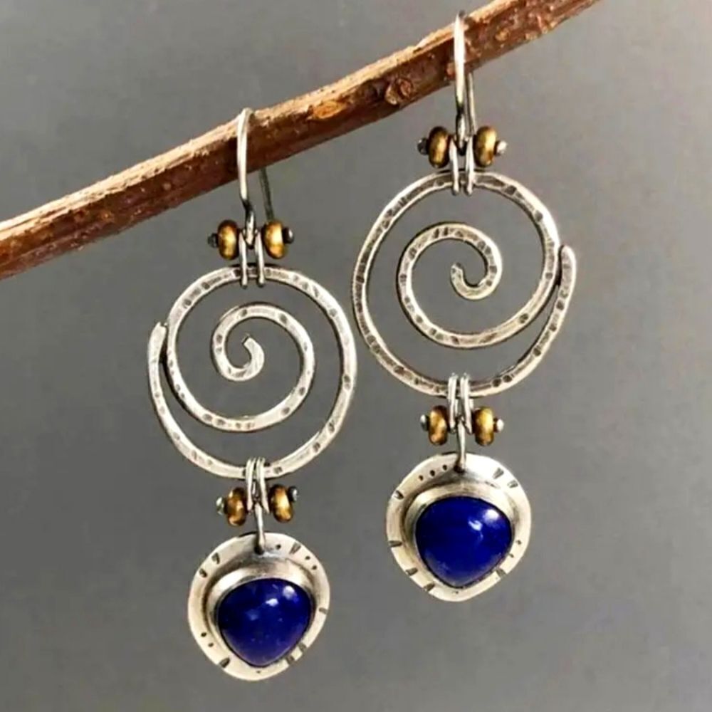 Spiral Earrings with Blue Lapis Lazuli Tone Stone, Antique Silver Vortex Jewelry